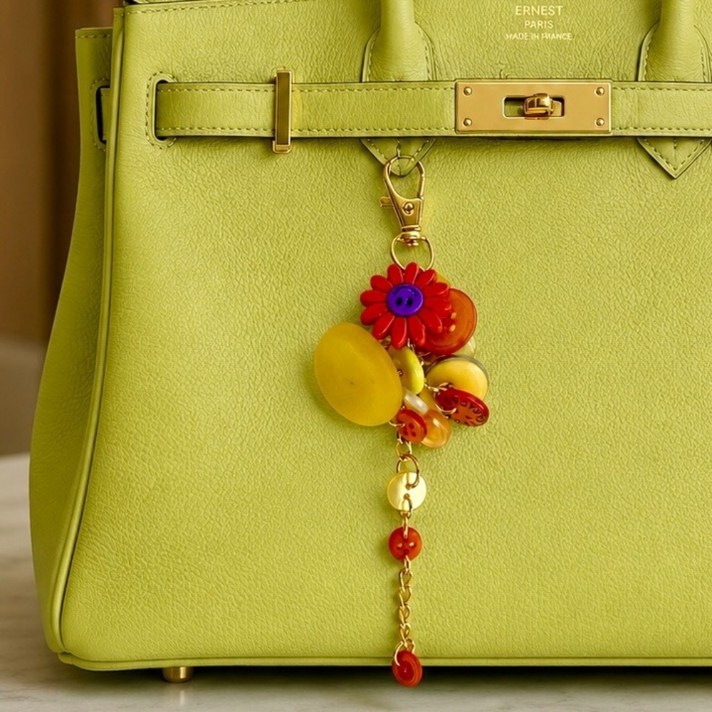 Colorful‎ Button Bag Charm Smiley Flower Keychain Gold Tone Accessory Yellow Red
